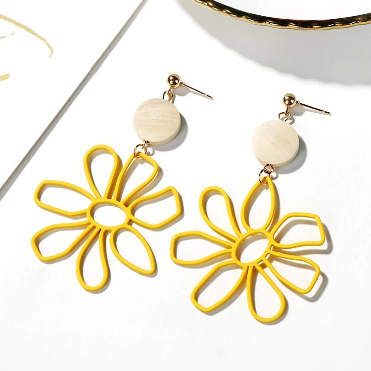 2019 корейские массивные деревянные серьги желтые цветочные большие висячие