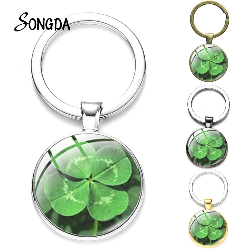 

Clover Keychain Four Leaf Clover Art Photo Glass Crystal Cabochon Pendant Key Chain Ring Fashion Lucky Jewelry Gift For Women