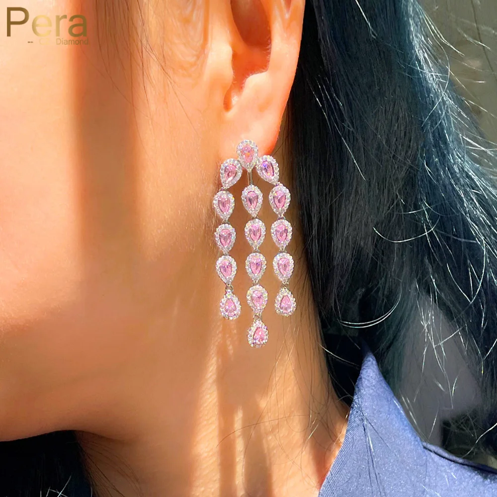 

Pera Cute Pink Hanging Water Drop Cubic Zirconia Long Silver Color Drop Earrings Romantic Wedding Bridal Jewelry for Women E818