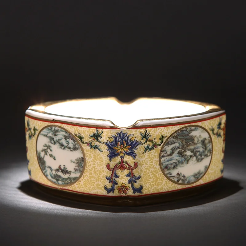 

French Gold Inlaid Enamel Ceramic Ashtray Modern Chinese Porcelain Neoclassical Ashtray Decoration
