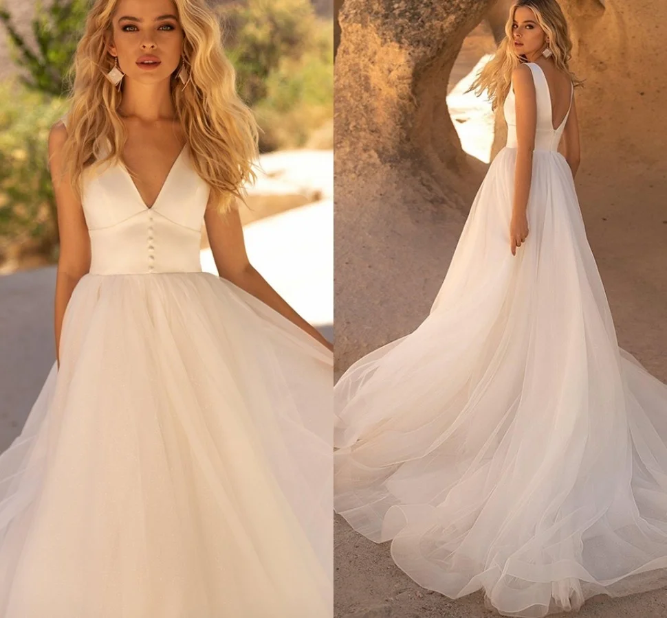 

Simple Beach Wedding Dresses 2021 Bridal Party Gown Tulle Satin A Line Princess V Neck Vestidos De Noiva Robe Mariage