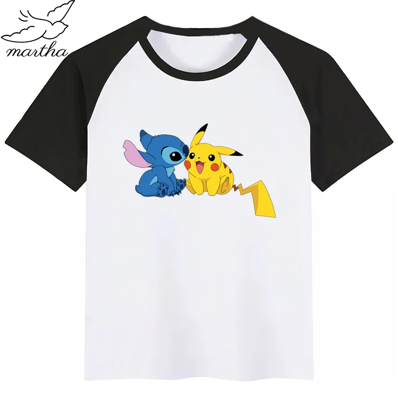 Детская забавная футболка с рисунком Стича и Пикачу круглым вырезом для