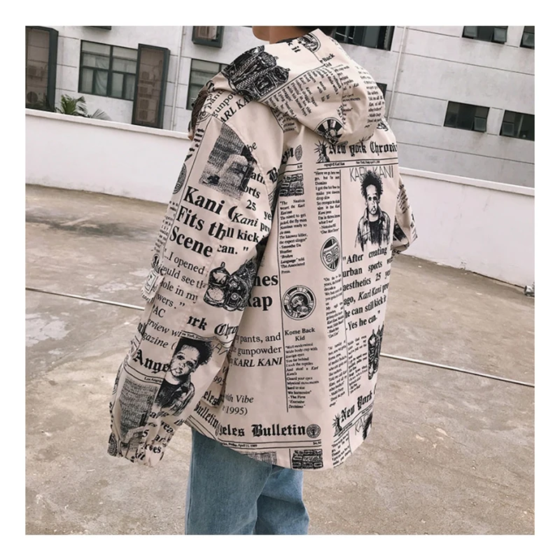 New Fashion Hooded Jacket Men Letter Print Coat Hip Hop Mens Loose Outerwear Harajuku Streetwear Coats Clothing | Мужская одежда