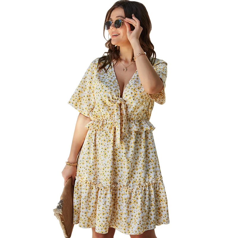

Gezelligheid Plus Size Dresses For Women Casual 2021 Sexy V-Neck Empire Short Sleeve Print Floral Bow A-Line Skirt Holiday Dress