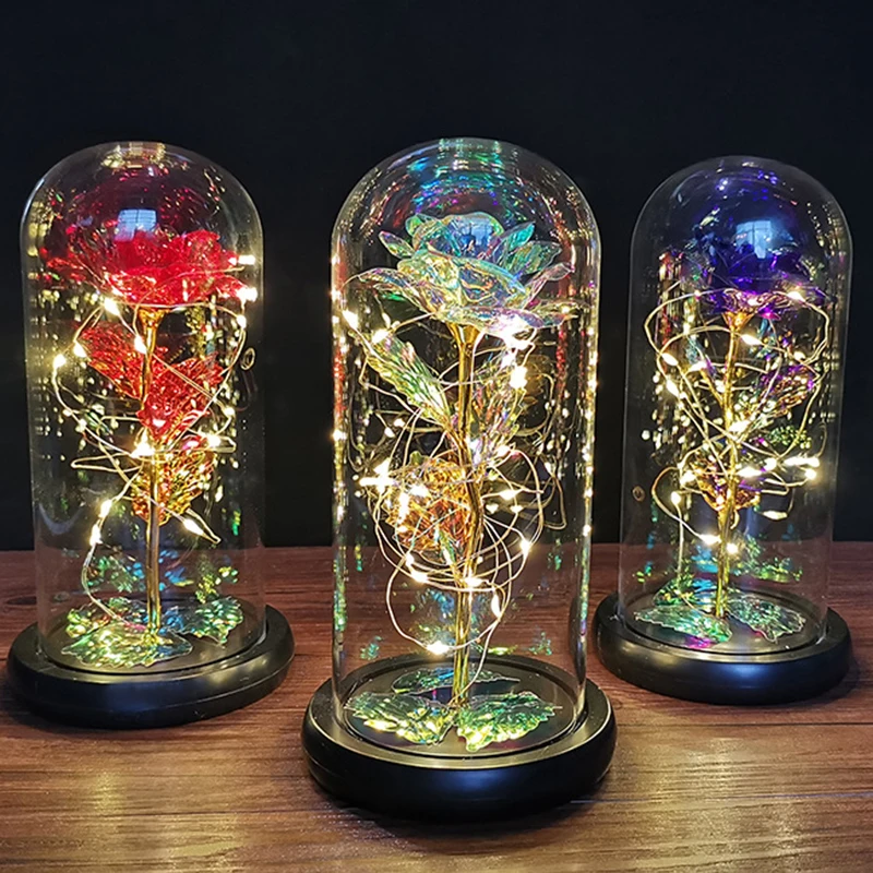 

Colorful Roses Artificial Flower Led Lamp Glass Cover Rose Decoration Valentine's Day Galaxy Rose Flower Gift FPing