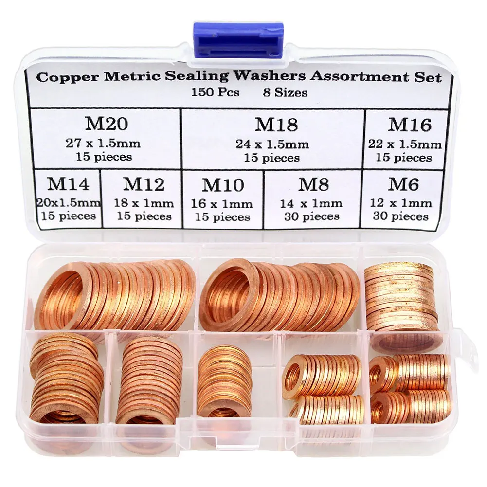 

150Pcs Copper Washer Gasket Nut and Bolt Set Flat Ring Seal Assortment Kit /M8/M10/M12/M14 for Sump Plugs Hardware Accessories