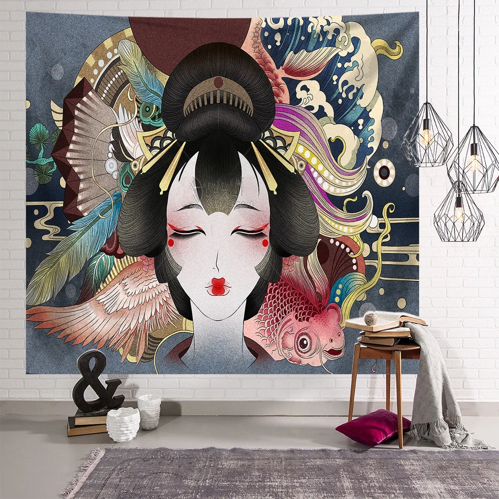 

Japanese Style Tapestry Geisha Sleeping Pad Kimono Girl Wall Decor Skeleton Woman Beach Rug Background Artistic Mat Room Decor