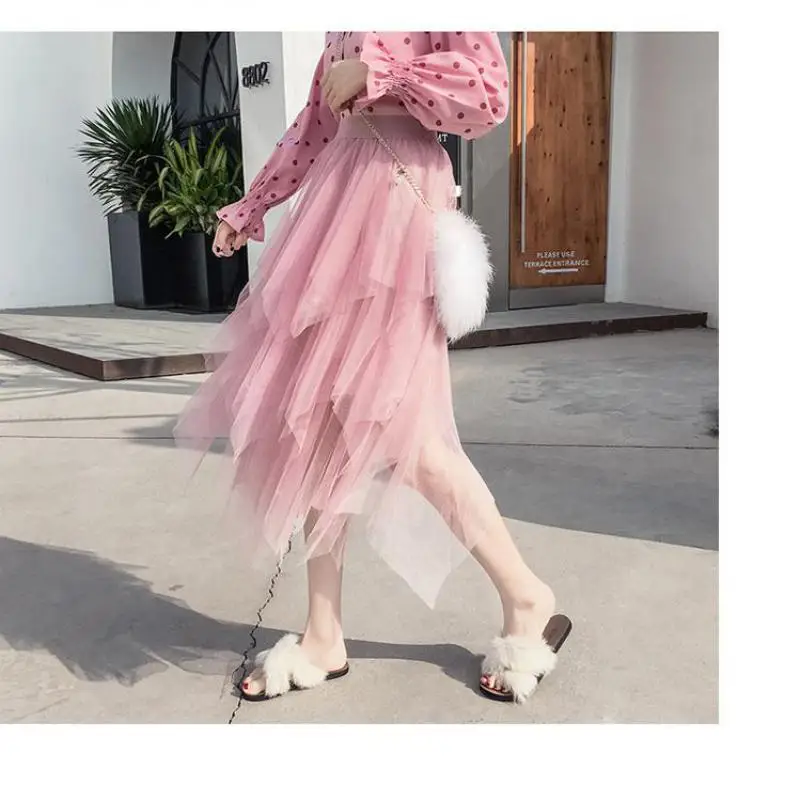 

2021 Summer New Simple Irregular Mesh Skirt Elastic High Waist Slimming Casual All-match Women A-line Tutu Skirt Free Shipping
