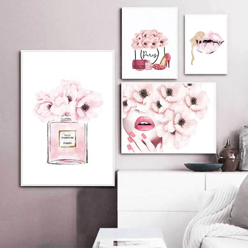 

Pink Flower Perfume Bottle Fashion Poster Girl Skirt Print Nordic Canvas Art Painting Wall Picture Modern Girl Room Home Decor