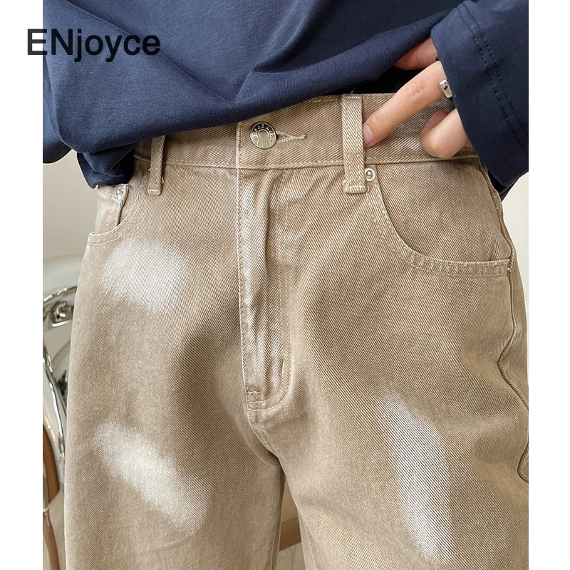 

Women Vintage Khaki Ink-sprayed High Waist Denim Shorts 2021 Spring Summer Mid Length Wide Leg Jeans Casual Raw-edge Shorts