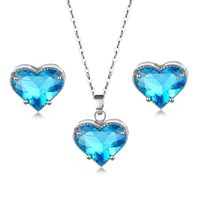 2021 new luxury blue color crystal heart necklace earrings sets for women heart of the sea charms bridal wedding jewelry sets