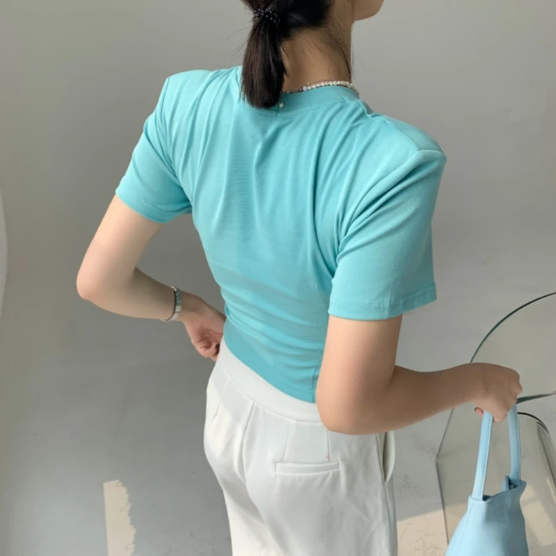 

Women Fashion Casual O-Neck Slim Stretch High Street Crop Tops Solid Color Shoulder Pad Short Sleeve T-shirts Female Sexy Tshirt