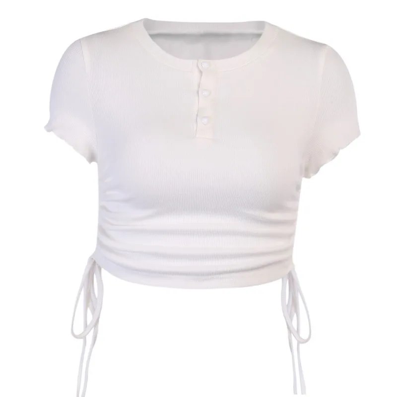 Белый вязаный укороченный Топ для женщин летняя мода на пуговицах с v-образным