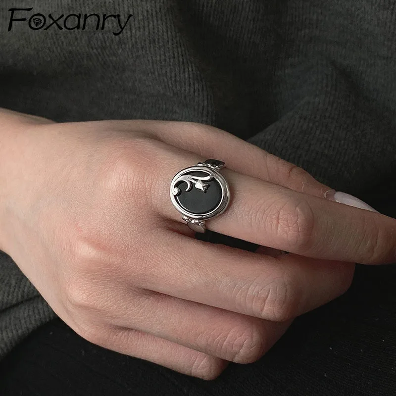 

FOXANRY 925 Sterling Silver Open Rings for Women Trendy Elegant Vintage Sweet Unique Black Epoxy Flowers Party Jewelry Wholesale