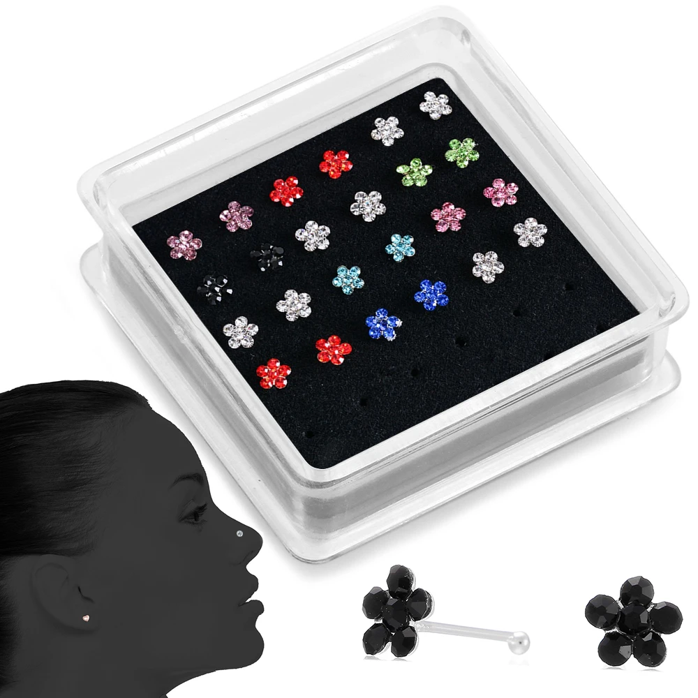 

24PCS/One Case 20-22Gauge Mixed Colored Crystal Flower Shape Stainless Steel Nose Studs Ring Women Nostril Nose Bone Piercing