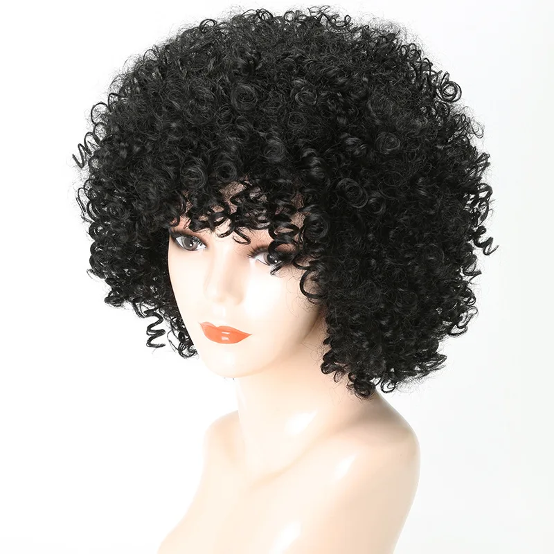 

Afro Kinky Curly Wig with Bangs 12 Inch Short Jerry Curly Wigs for Black Women Natural Synthetic False Hair Cosplay Lolita Wigs