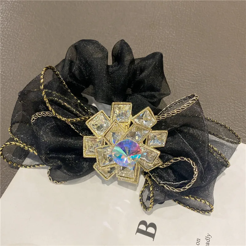 

Cute Jelly Color Pleated Organza Bow Scrunchies Pack Elastic Hair Band Luxury Crystal Rhinestone Hair Tie Women Hair Accessories
