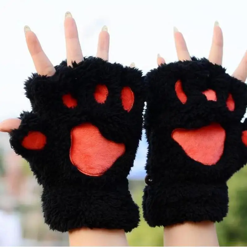 Осенние и зимние женские перчатки толстые теплые плюшевые на пол пальца милые