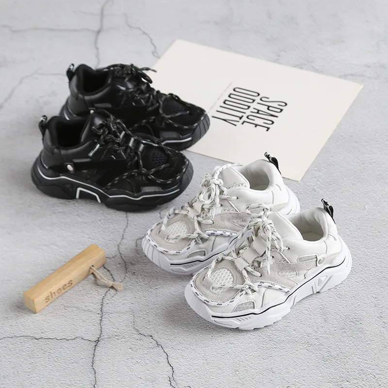 

2019 Autumn Children Genuine Leather Shoes Kid Light Sneaker Breathable Girls Beige Shoes Lace-up Boy Fashion Shoes Air Mesh