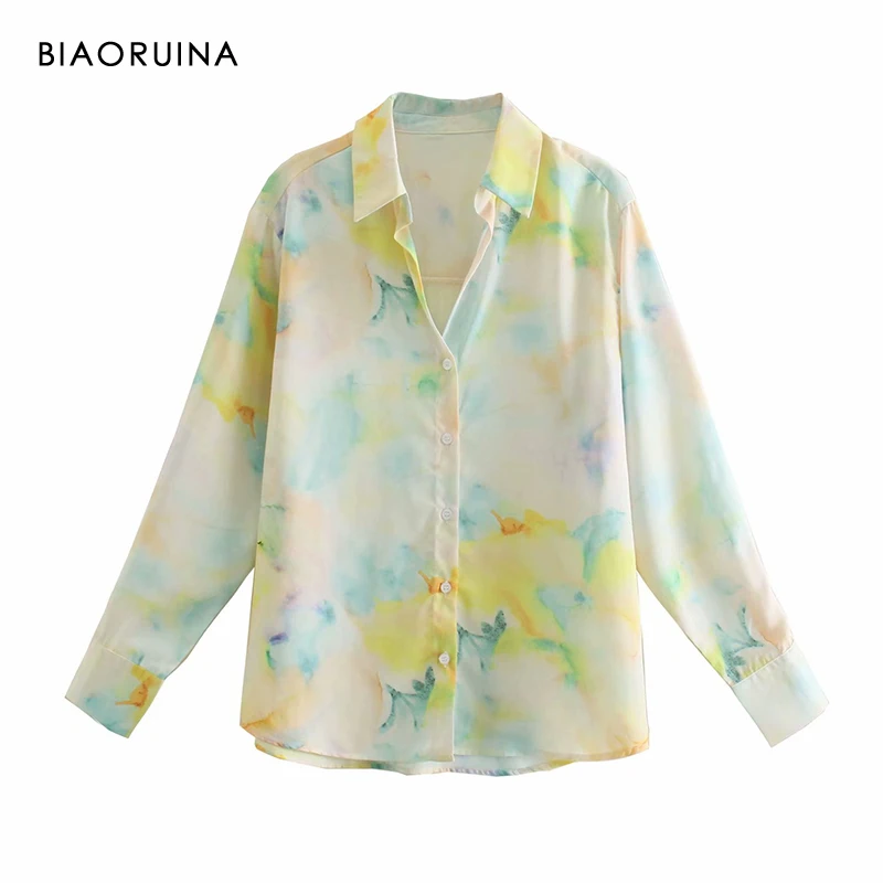 

BIAORUINA Womens Tie Dye Single Breasted Loose Casual Shirt Stand Collar Female All-match Fashion Blouse 2021 Spring New Arrival