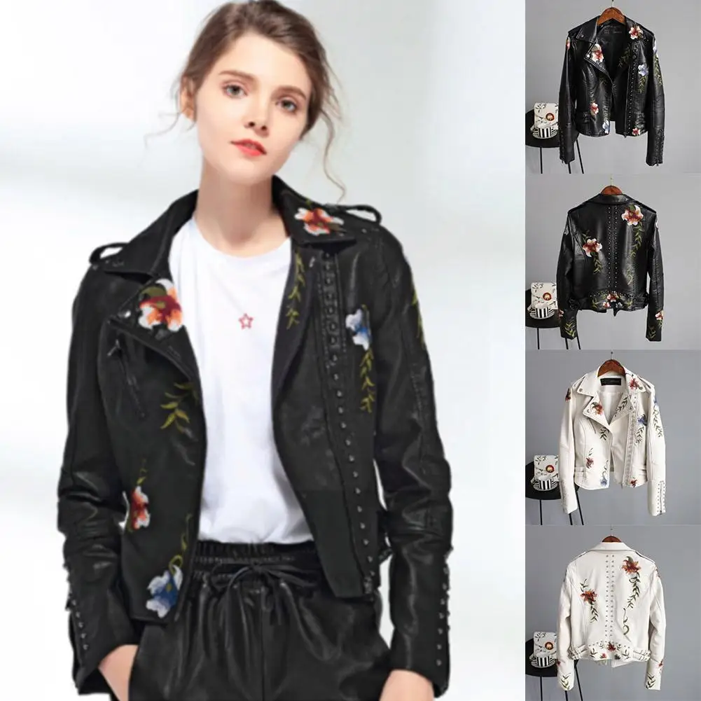 

Spring Autumn Floral Print Embroidery Faux Leather Black Street Biker High Motorcycle Women Punk Outerwear R2j7