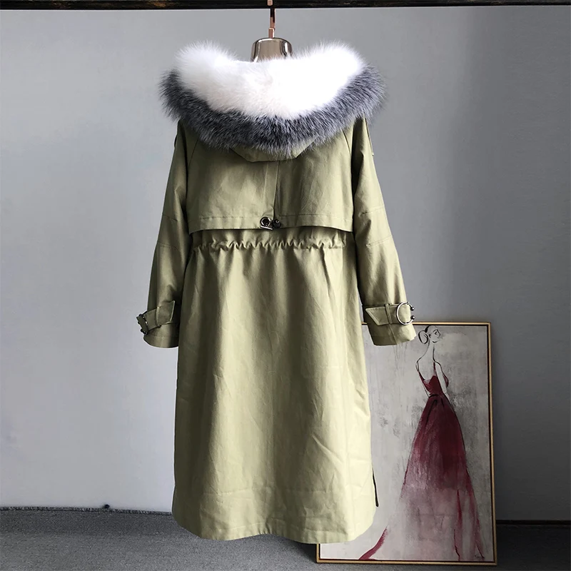 

2021 Real Fur Coat Winter Jacket Women Natural Raccoon Fur Collar Hood Real Rex Rabbit Fur Liner Detachable Fashion Long Parka