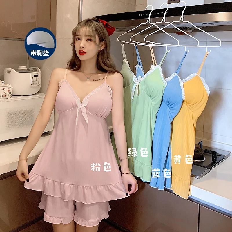 

2021 Summer Sexy Lace Lingerie Spaghetti Strap Shorts Pajama Sets for Women Sleepwear Suit Pyjamas Homewear Pijama Mujer Clothes