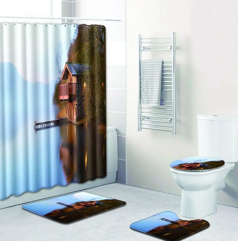Zeegle 3d Pattern Toilet Rug Set Bath Washable Floor Mat Shower Curtain Pedestal Seat Cover Bathroom Soft Foot | Дом и сад