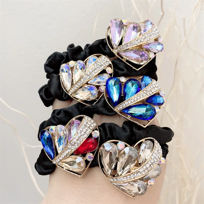 

Love Heart-Shaped Crystal Large Intestine Hair Tie Female 2021 New Alloy Fabric Rhinestone Black Hair Tie Headdress