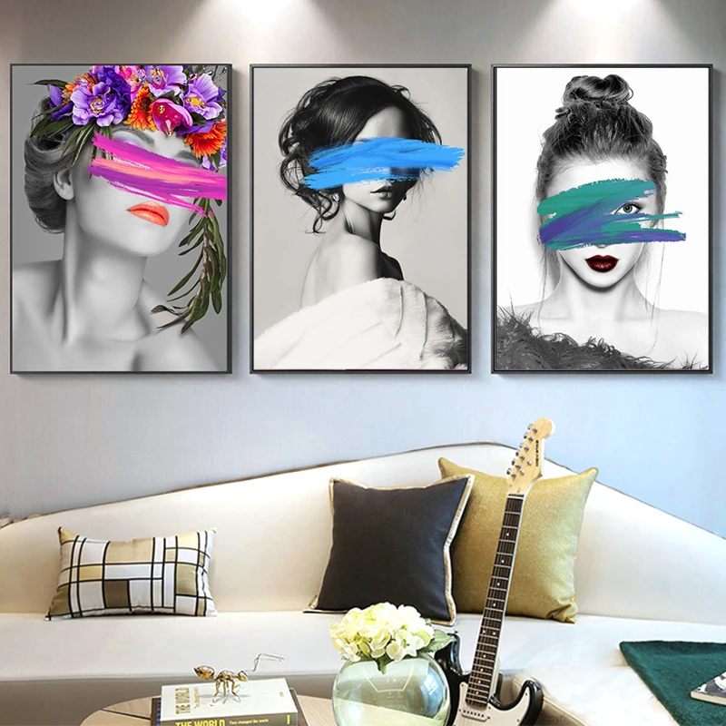 Современный граффити Мода девушка черный белый цвет акварельная картина на