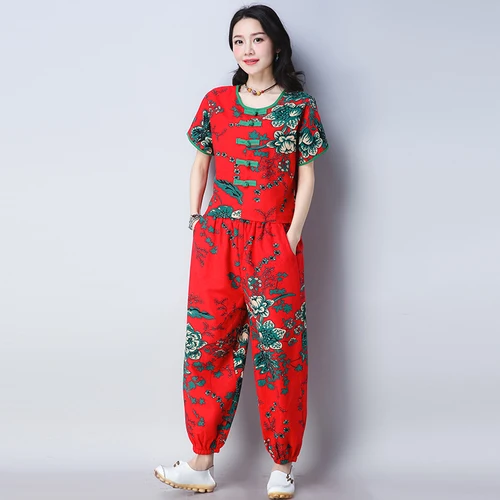 

Ethnic Style Cotton and Linen Short-sleeved Blouse Tang Suit Casual Plus Size Women's Western-style Mother's Two-piece Female