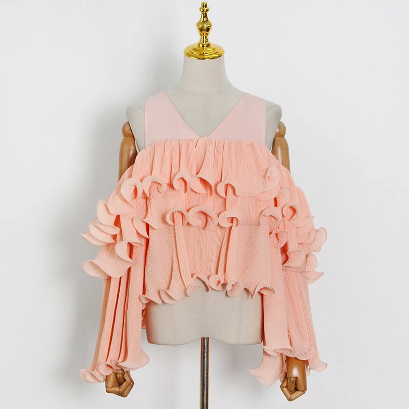 

TWOTWINSTYLE Off Shoulder Elegant Shirt For Women O Neck Long Sleeve Patchwork Ruffle Solid Blouse Female Fashion New Clothing