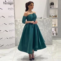 verngo simple dark green satin a line evening party dresses separate sleeves pleats tea length saudi arabic formal prom gowns