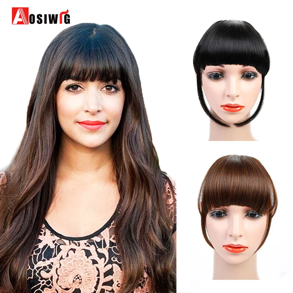 

AOSIWIG Fake Blunt Bangs Hairpiece Clip in Bangs Extension High Temperature Fiber Synthetic Brown Black Front Blunt Fringe Hair