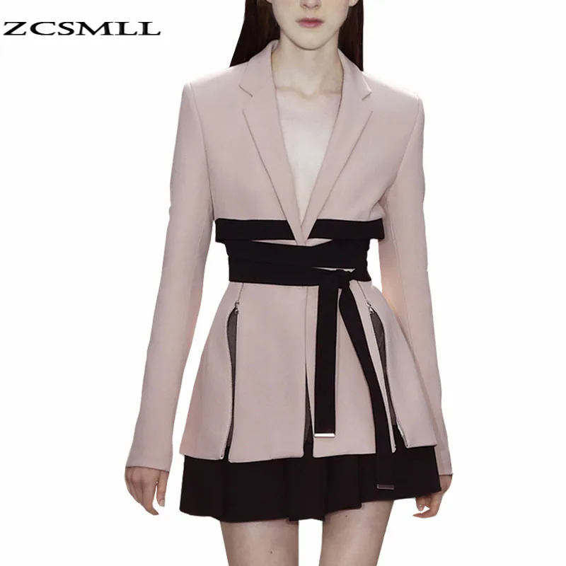 

ZCSMLL 2021 New Women's Blazer Two Piece Set Drawstring Lacing Full Sleeve Deep V Collar Slim Fit Office Lady Design Cloth F403
