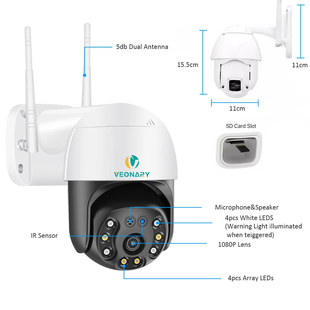 

Veonary 1080P PTZ Speed Dome Wireless Wifi Security Camera 4x Digital Zoom Color Night 2 way Audio Intercom Outdoor Surveillance