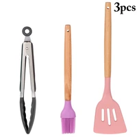 3pcs silicone utensil set heat resistant food tongs oil brush cooking spatula with non slip wooden handle kitchen accessories