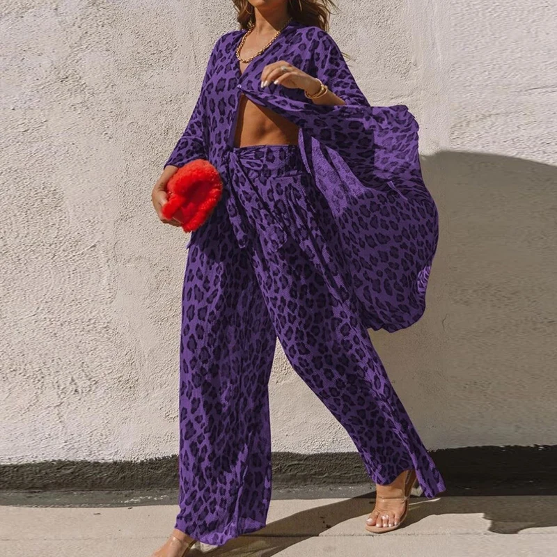 

Spring Women Two Piece Set Elegant Leopard Print Button Shirt and Wide Leg Pants Suits 2021 Fashion Long Sleeve 2 Piece Outfits