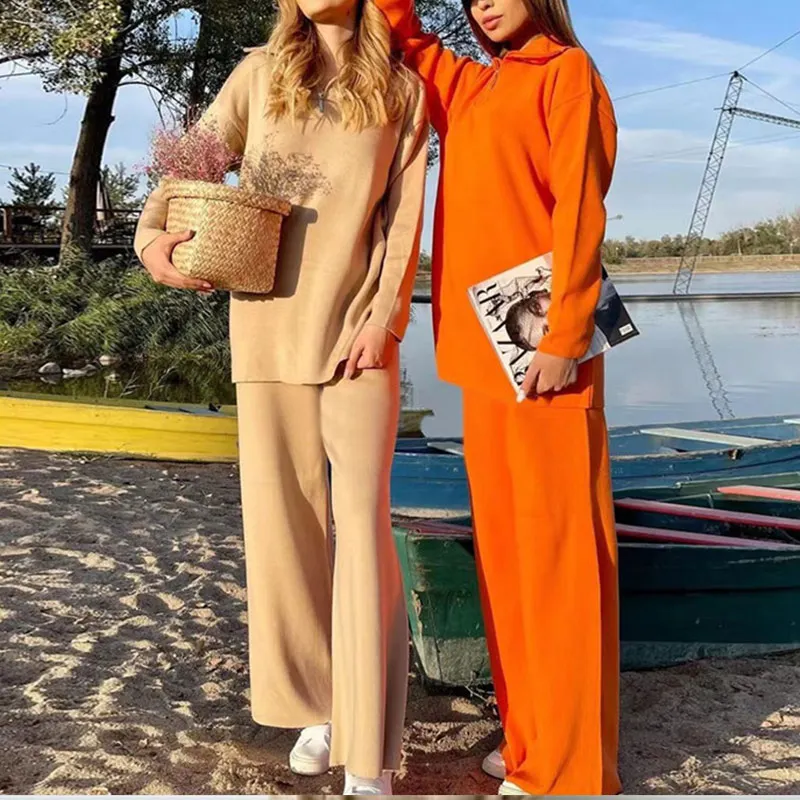 Женский трикотажный костюм с брюками свободный зимний свитер длинным рукавом и