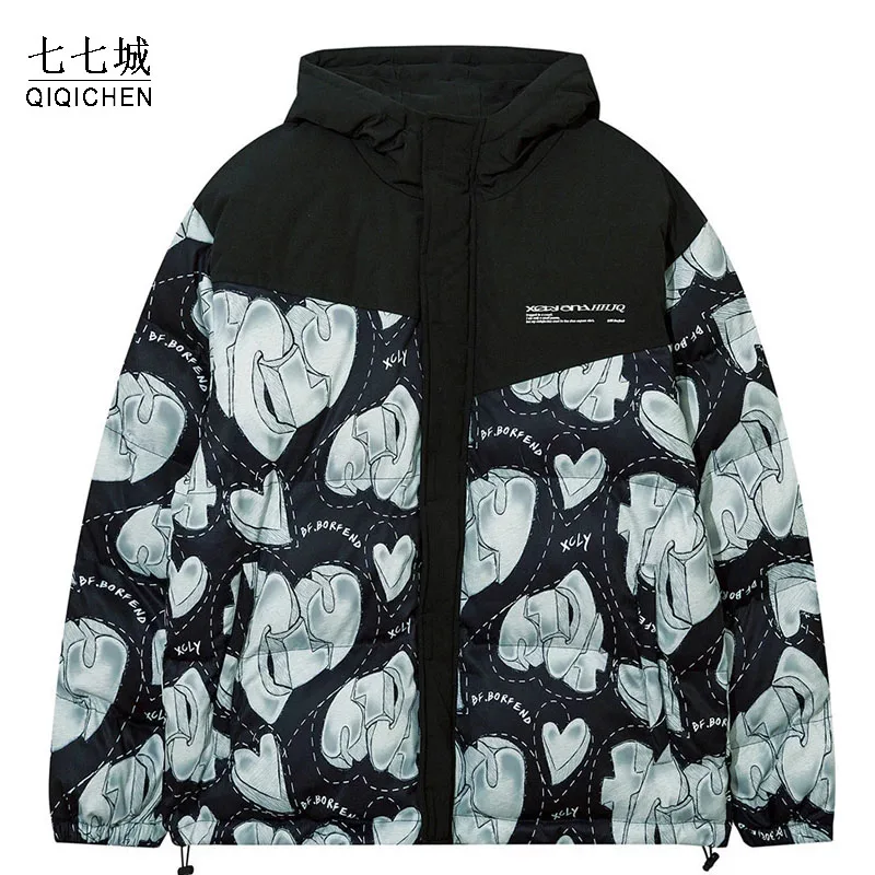

Mens Winter Down Hooded Jacket Heart-Shaped Puzzle Print Parka Streetwear Korean Fashion Hip Hop Thick Warm Puffer Coat Unisex