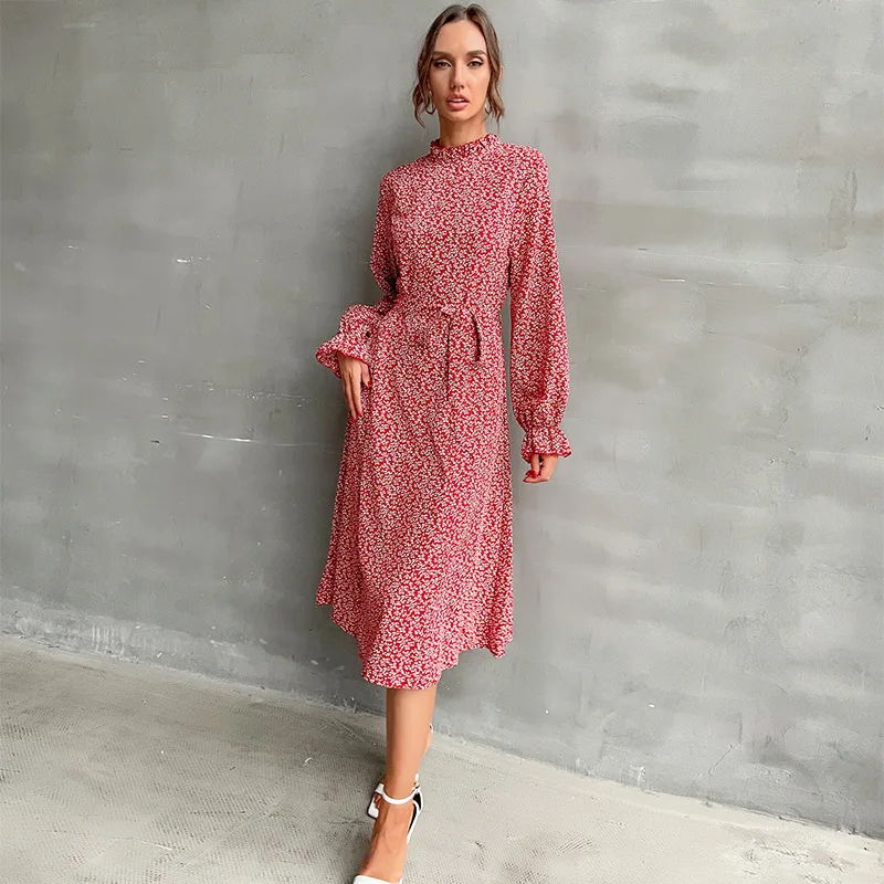 

Новинка 2021, женское платье средней длины с принтом в европейском и американском стиле, с воротником средней длины и длинным рукавом, со шнур...