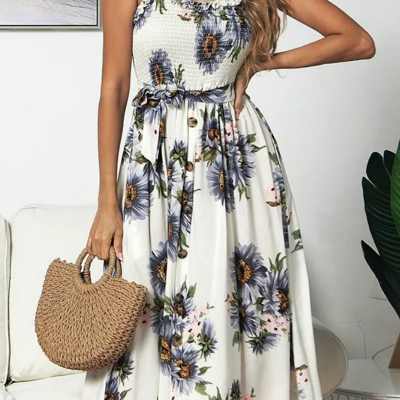 

2020 Spring and Summer New Hot Sling Smocking Sunflower Floral Printed Dress