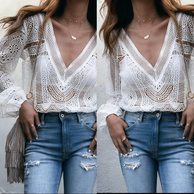 

Woman's tops Fashion Pure Color Deep V Hollow Out Long Sleeve Shirt plus size elegant 2020 woman shirts elegant 2020 woman shirt