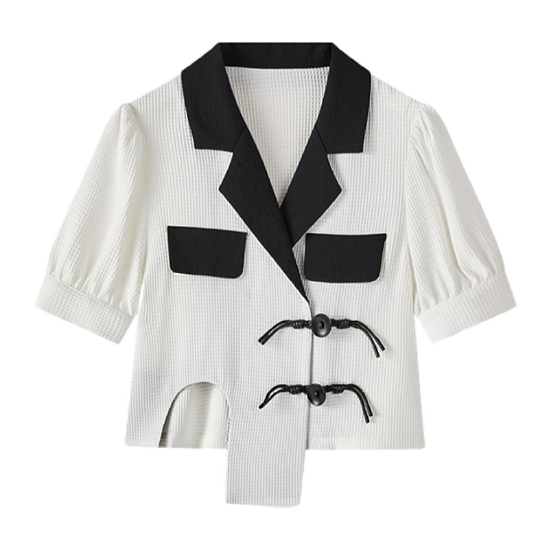 

Women's Summer Suit Collar Shirts Office Ladies Puff Sleeve Black and White Contrast Color Notched Blouse Female Fashion Tops