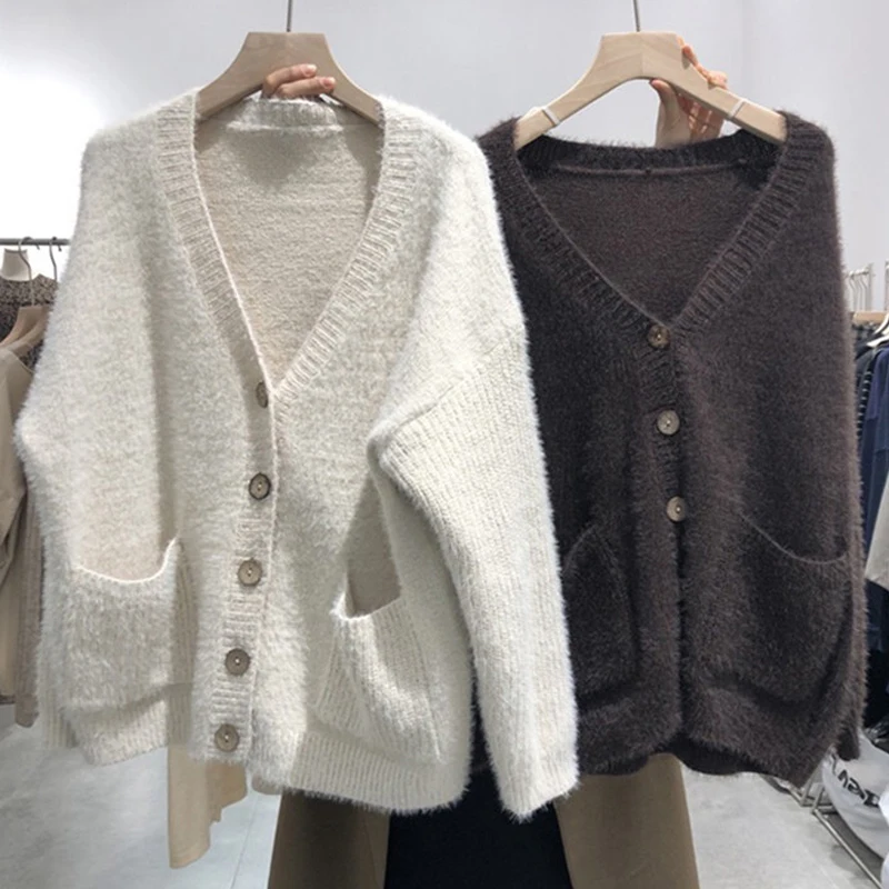 

2021 New Women Autumn Winter Cardgian Mink Cashmere Sweater Loose Oversized Knitted Sweater Long Sleeve Button Pocket Coat