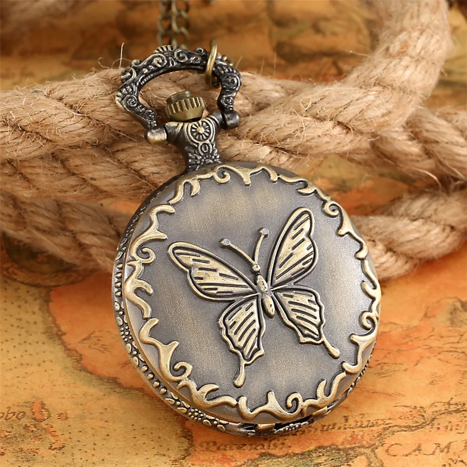 

Butterfly Display Pendant Quartz Pocket Watch Bronze Sweater Chain Exquisite Full Hunter Pocket Clock Gifts Men Women Kids