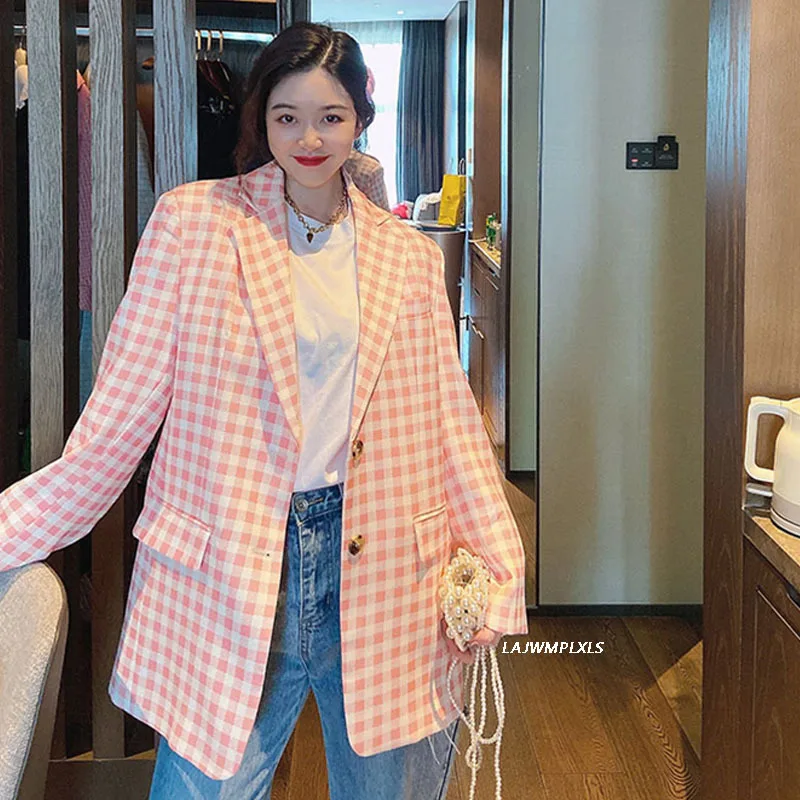 

Spring autumn 2021 Streetwear Women Fashion Plaid Blazer Jacket Double Breasted Suit Coat High quality Lady Loose Blazers Coat