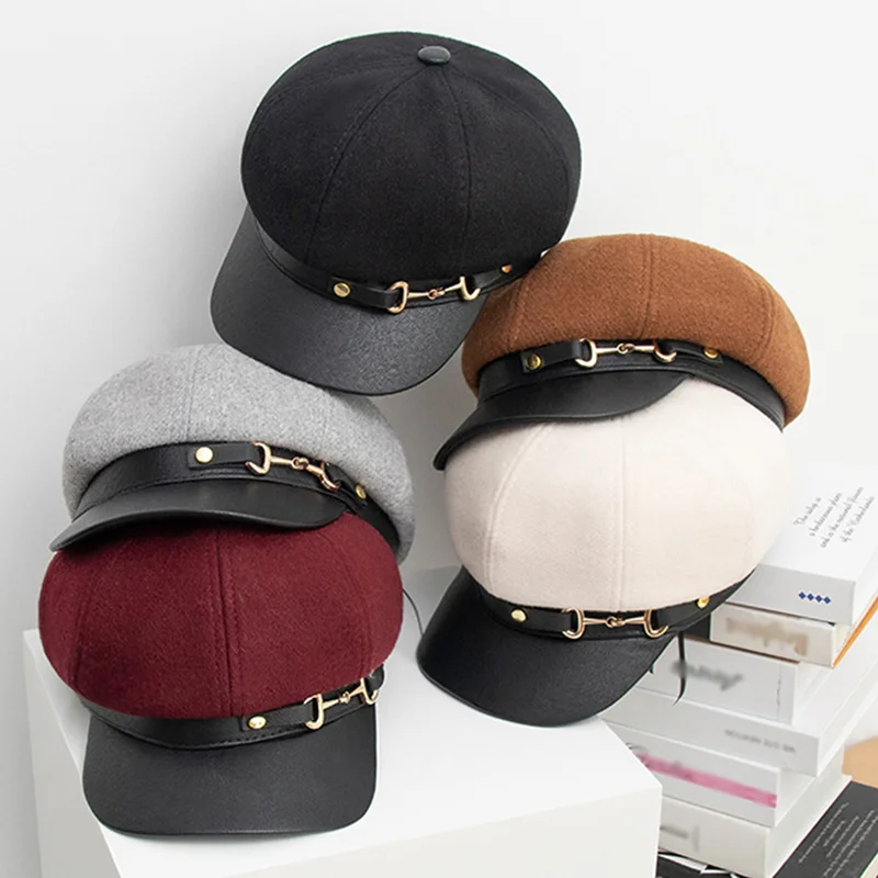 

2021 Women Berets England Vintage PU Leather Buckle Peaked Cap Outdoor Beret Caps Girls Autumn Winer Hats Octagonal Newsboy Hat