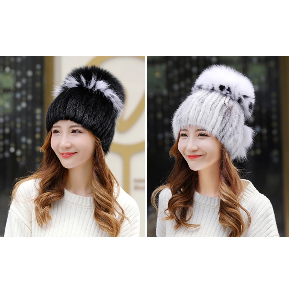

Women Knitted Mink Hair Cap Winter Headwear Thick Warm Earmuffs Hat