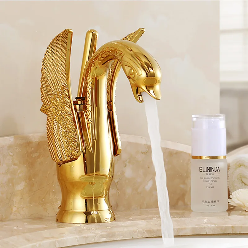 Золотой белый латунный Смеситель для раковины с лебедем горячей и холодной ручка